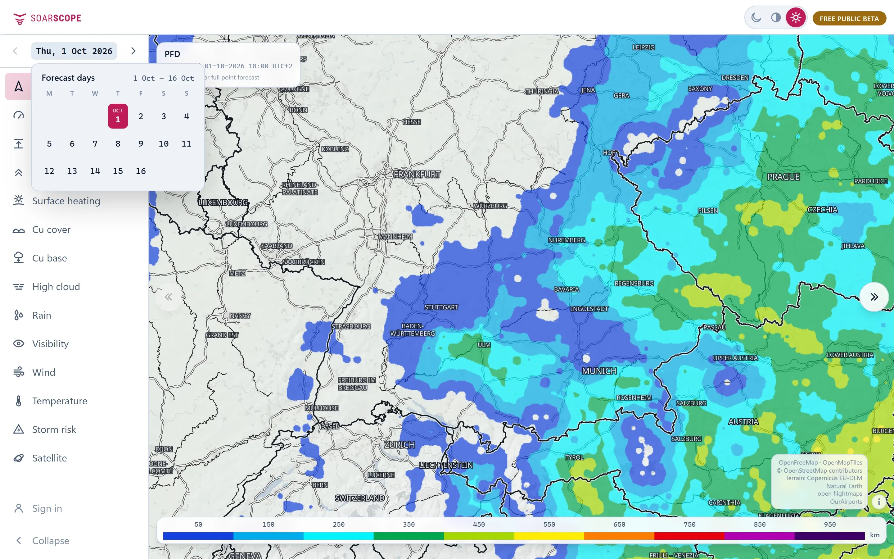 The date picker open over the PFD map, showing sixteen forecast days