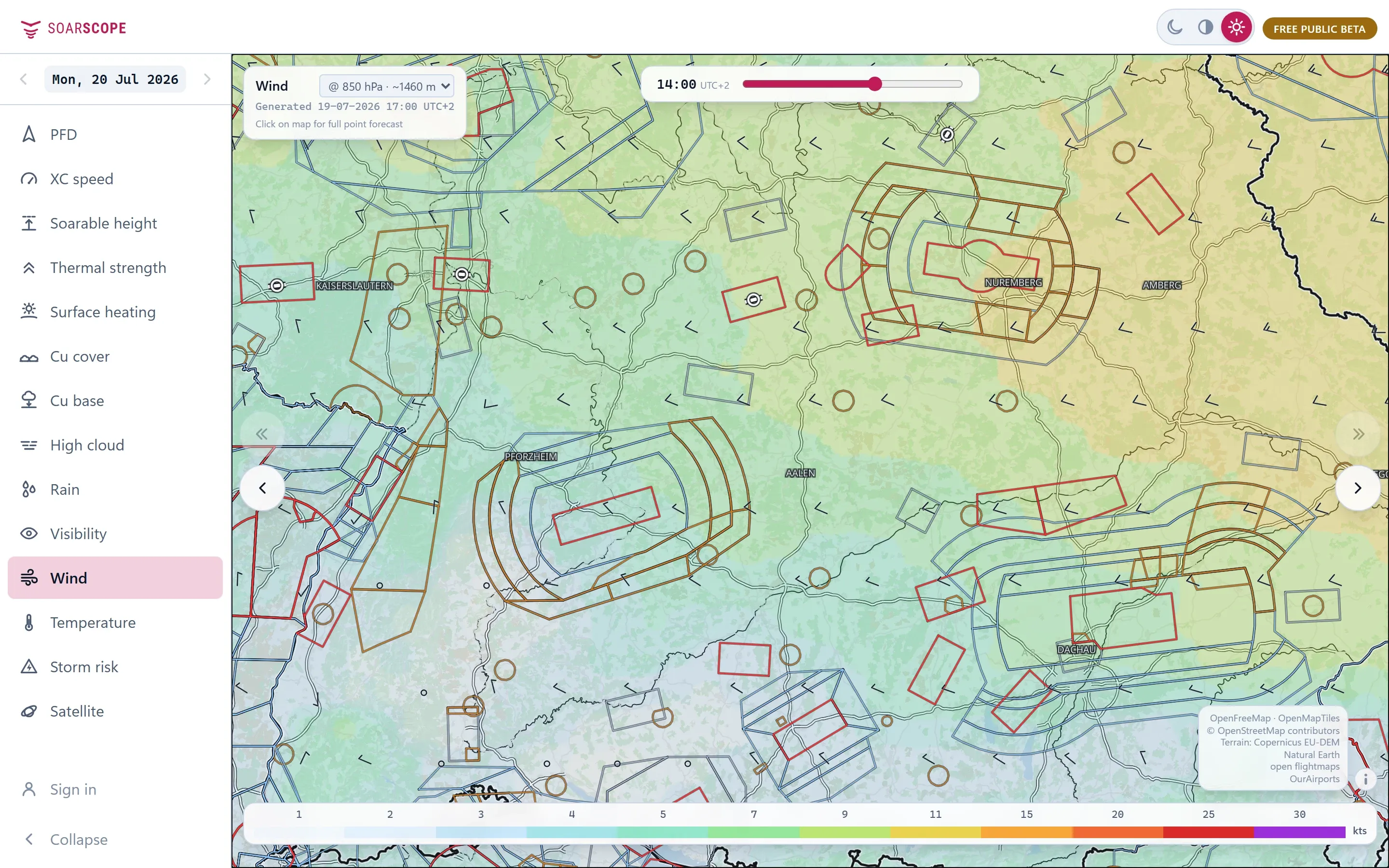Wind around Aalen-Elchingen at about 1,500 m, with wind barbs