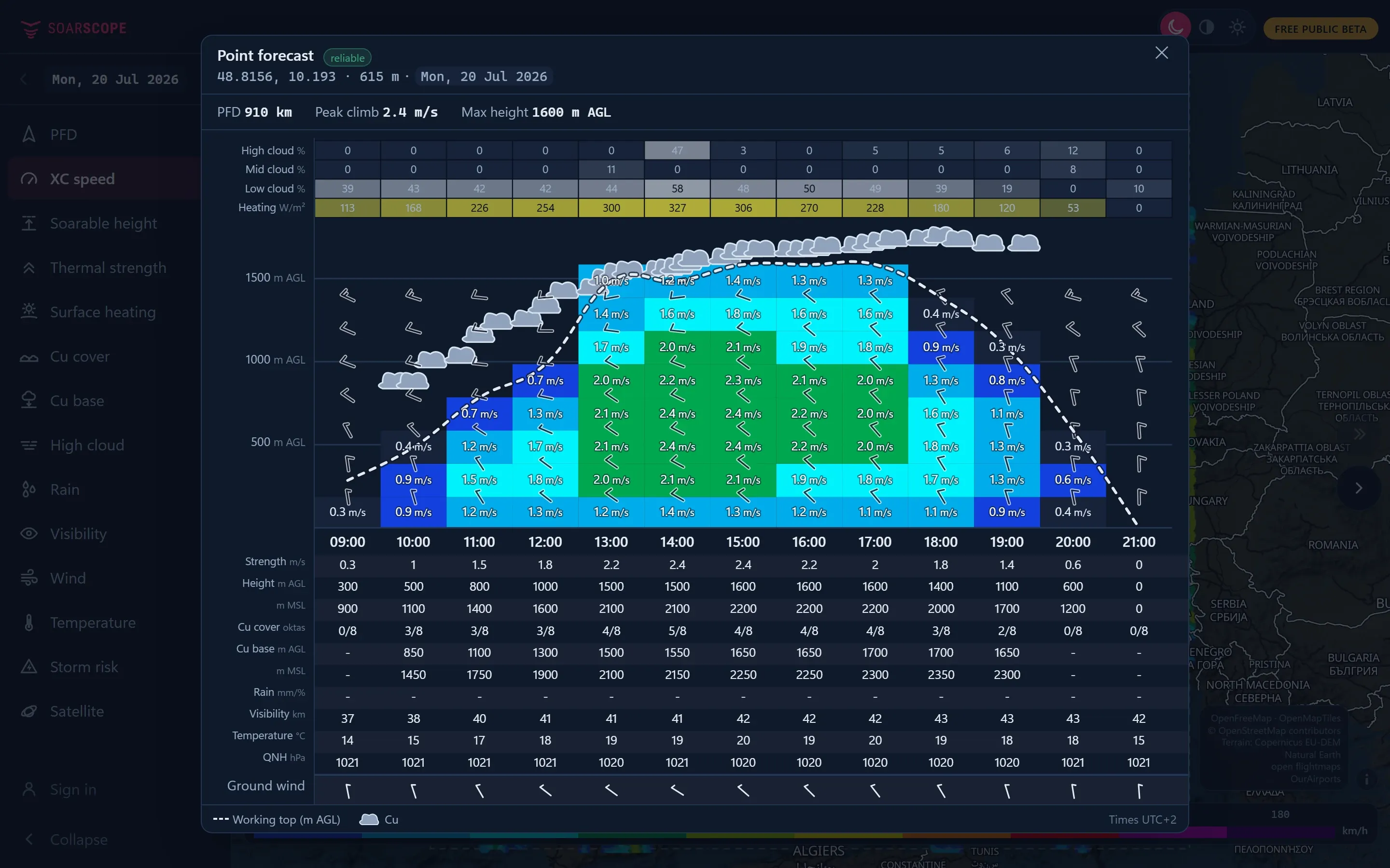The point forecast panel for Aalen-Elchingen in southern Germany, with the climb, cloud and wind through the day