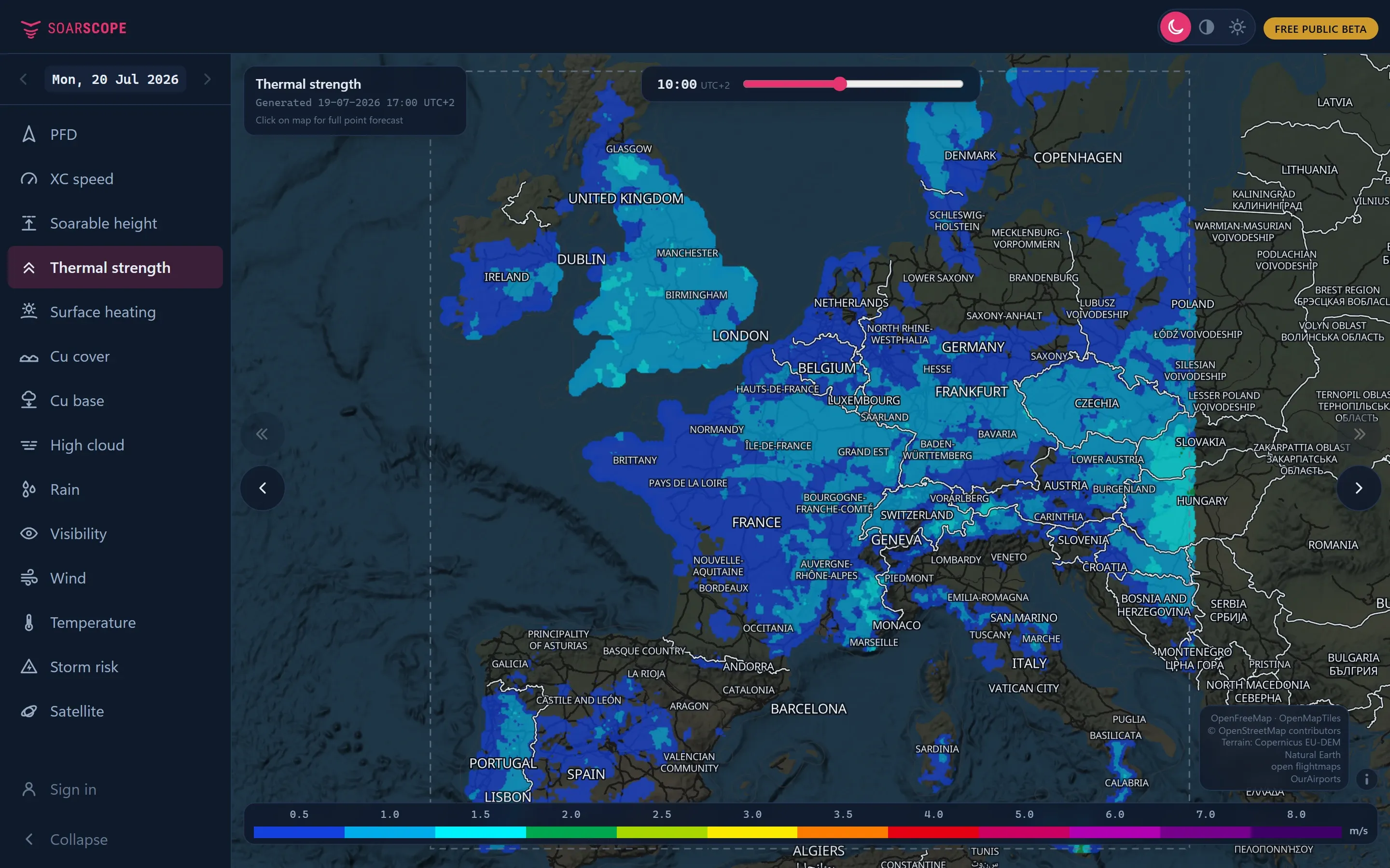 SoarScope showing thermal strength over western and central Europe, hour by hour through the day