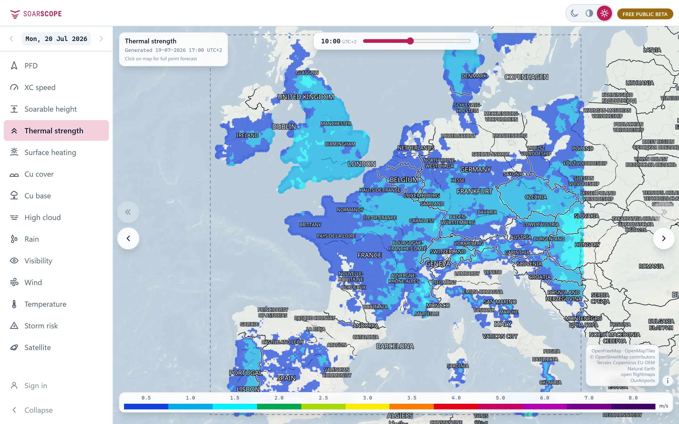 SoarScope showing thermal strength over western and central Europe, hour by hour through the day