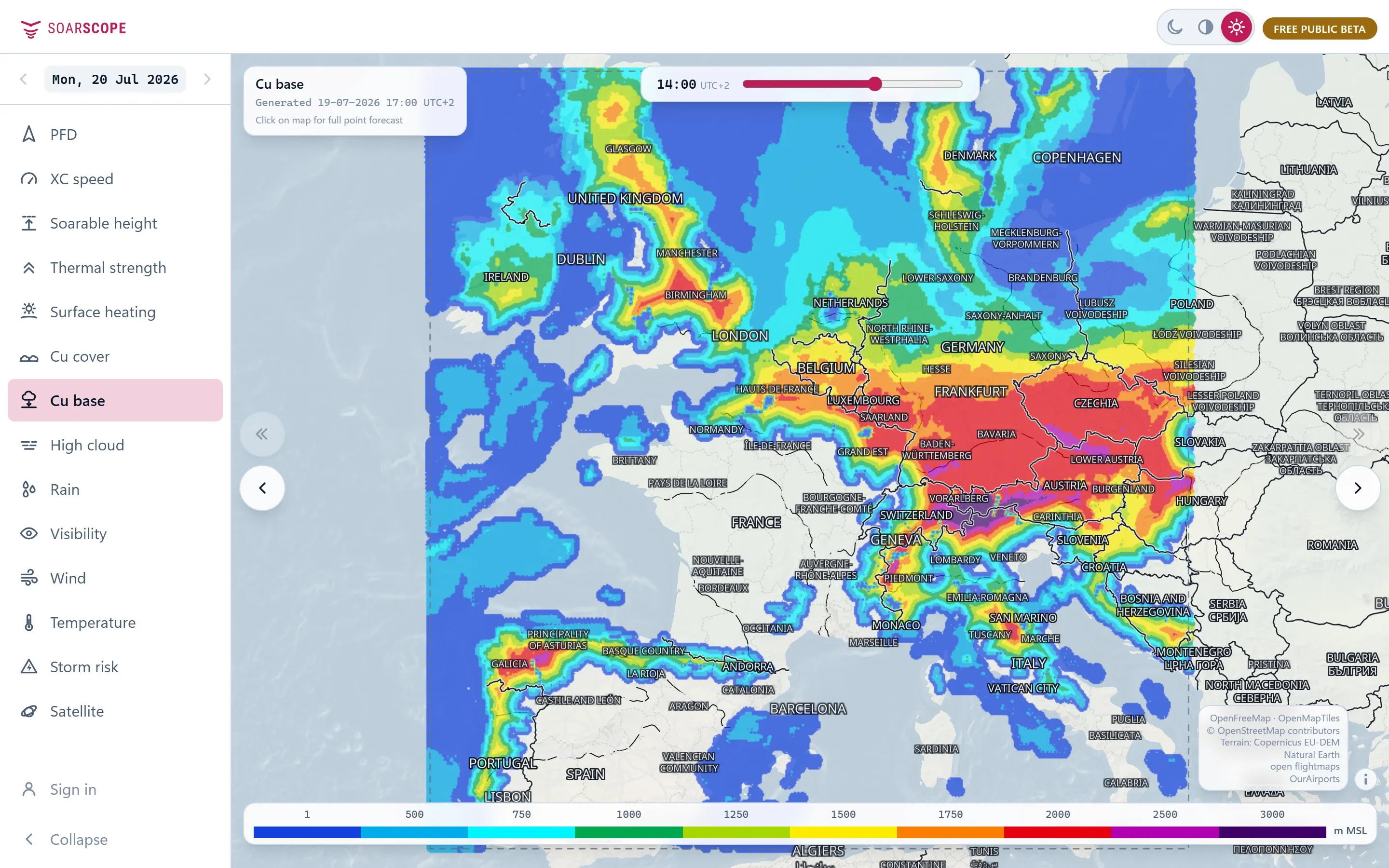 SoarScope Cu base layer over Europe. Altitude where Cu forms.
