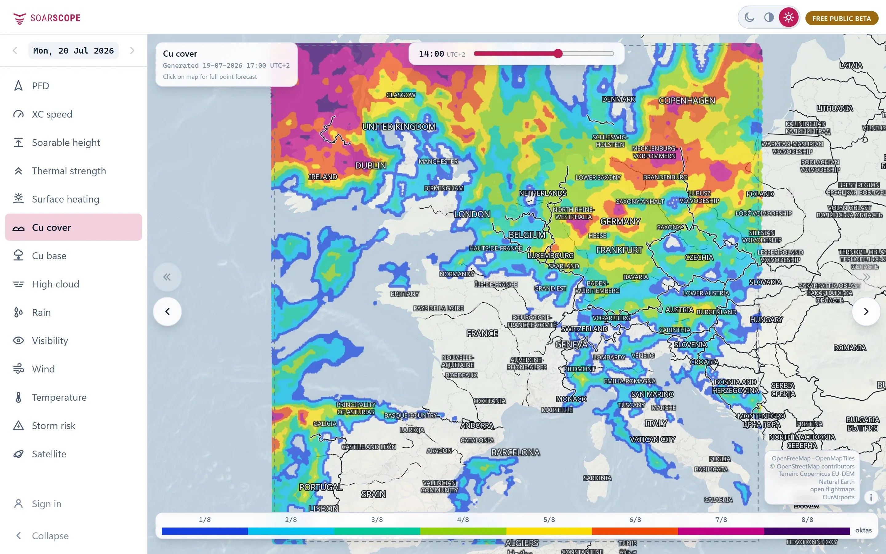 SoarScope Cu cover layer over Europe. Whether Cu forms, and how much.