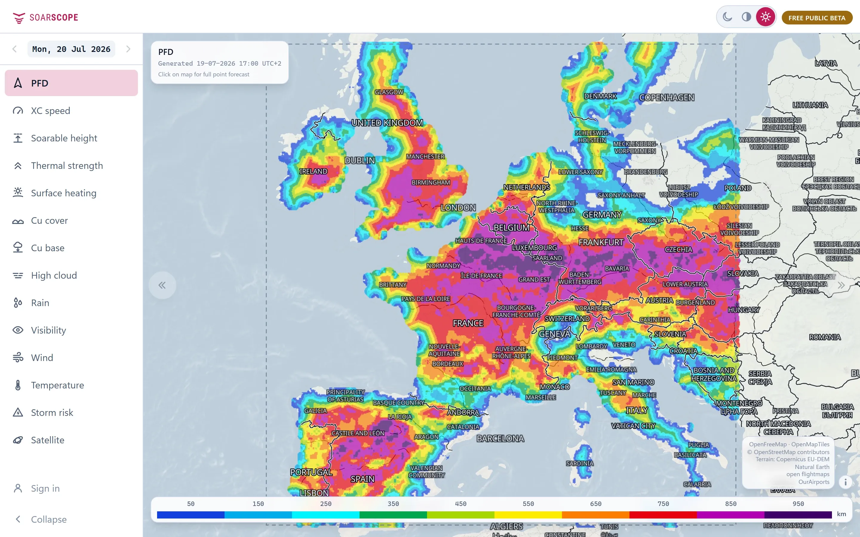 SoarScope PFD layer over Europe. Distances you can really fly.