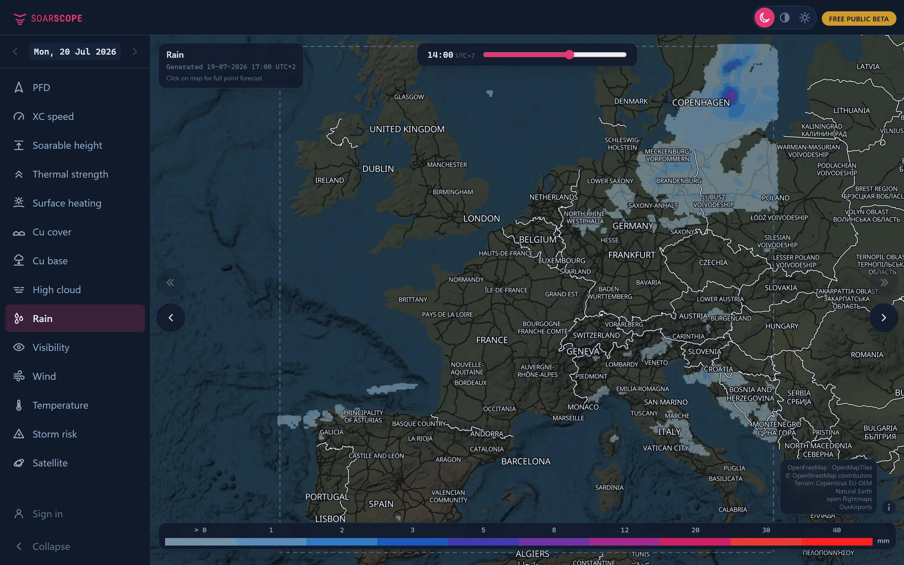 SoarScope Rain layer over Europe. Nobody likes flying wet.