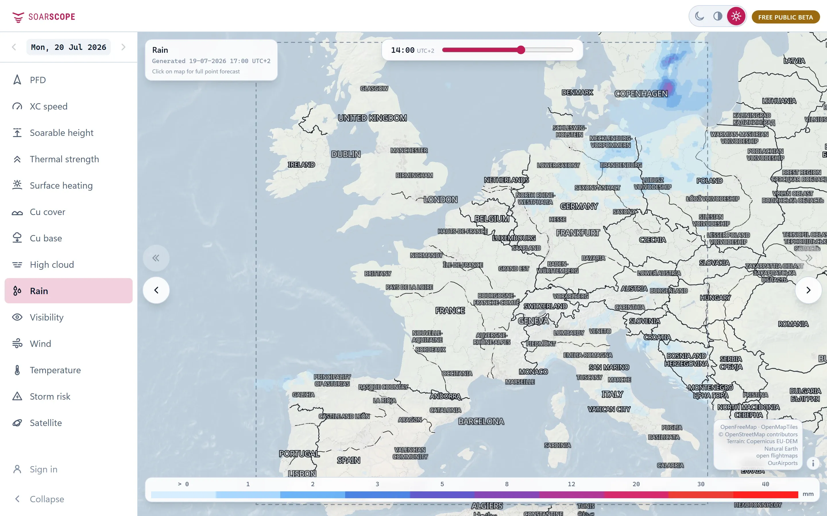SoarScope Rain layer over Europe. Nobody likes flying wet.