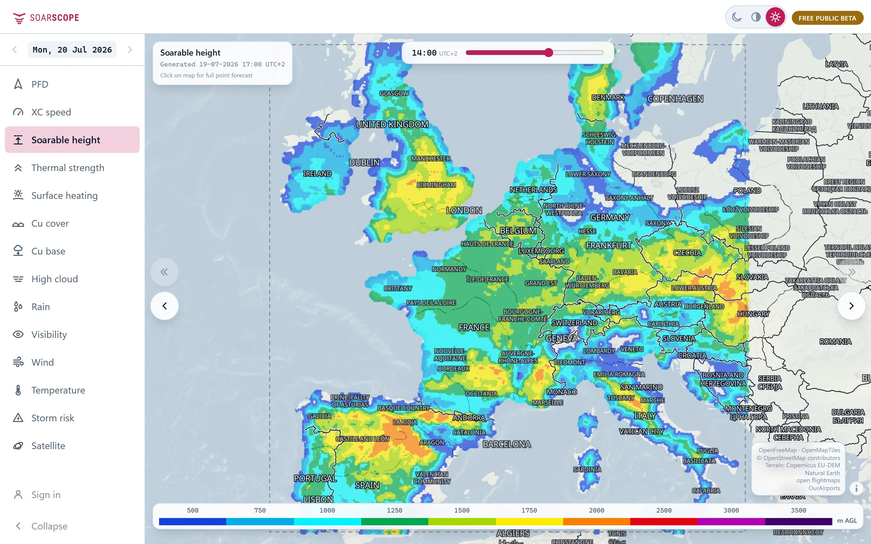 SoarScope Soarable height layer over Europe. Where thermals top out.