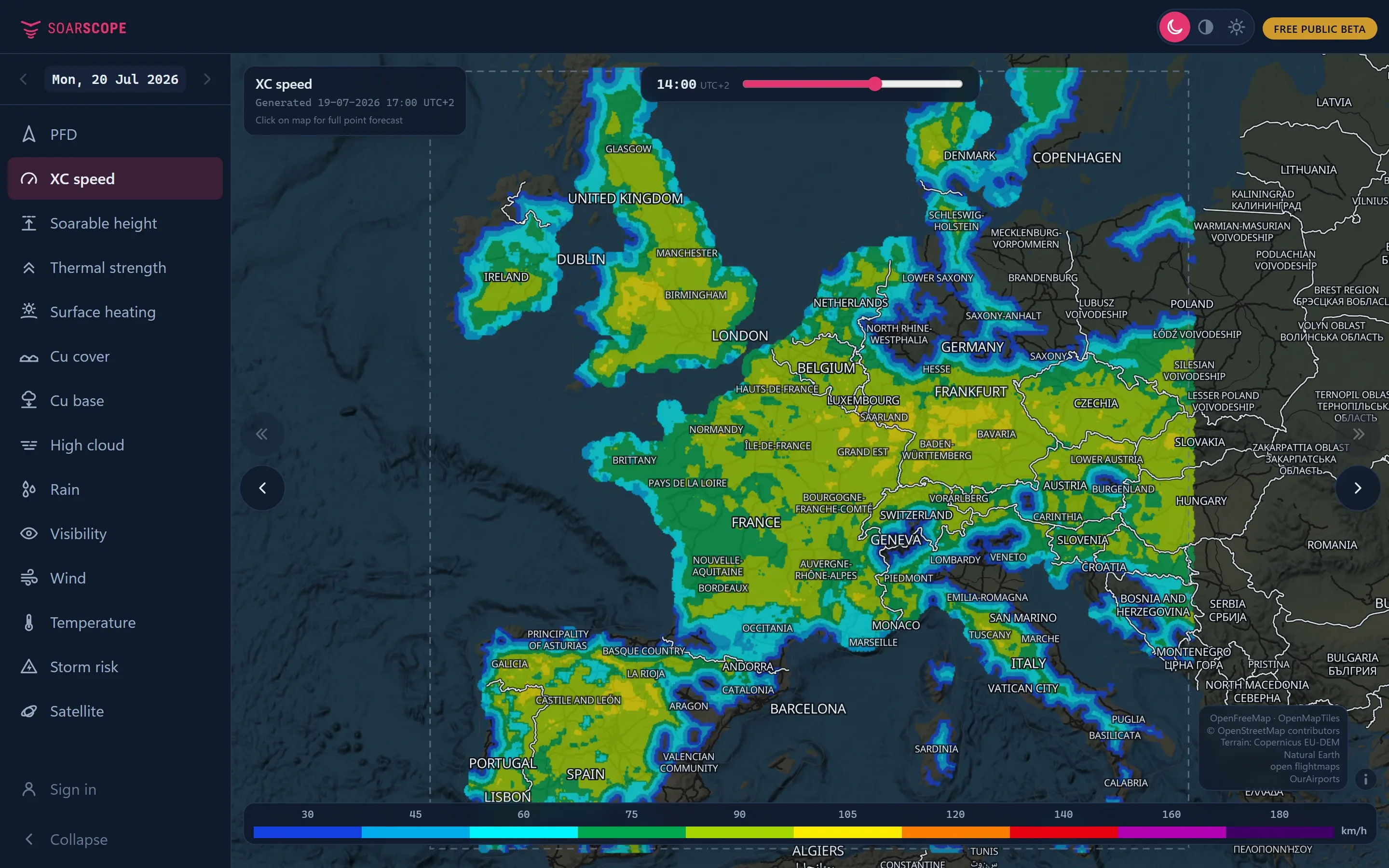SoarScope XC speed layer over Europe. Likely avg. speed, per hour.