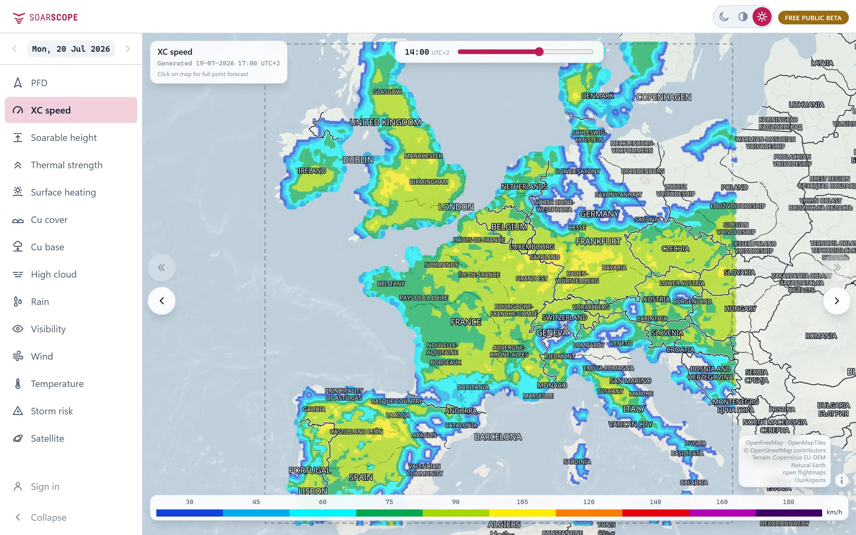 SoarScope XC speed layer over Europe. Likely avg. speed, per hour.